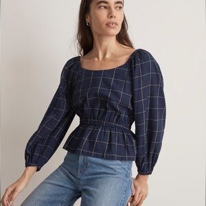 Madewell Scoopneck Peplum Top in Windowpane shirt NI196 blue XL